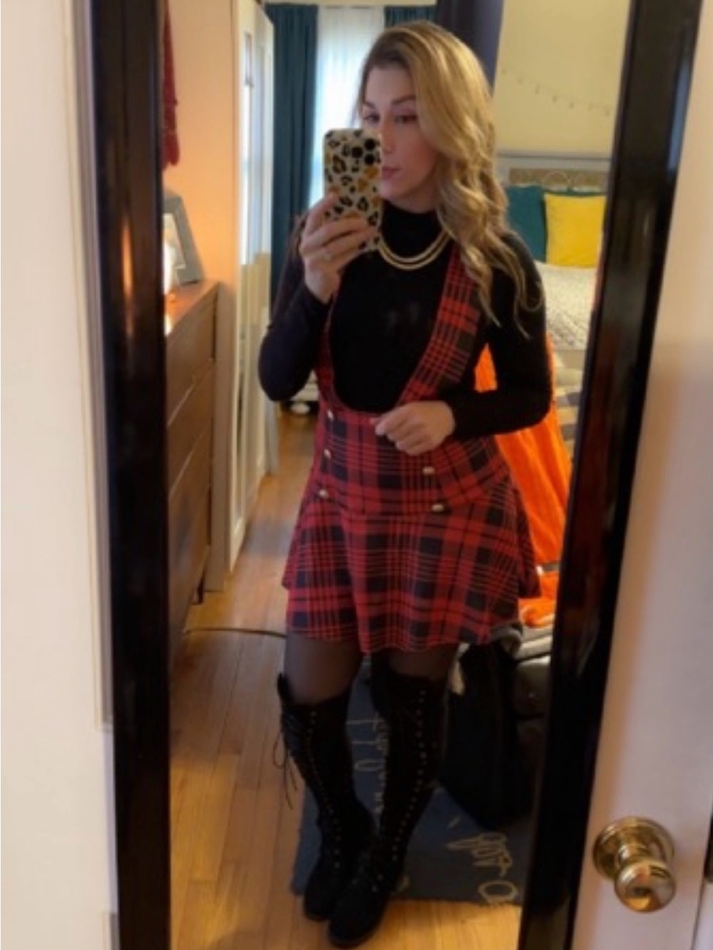 Red Plaid Pinafore Mini Suspendered Dress